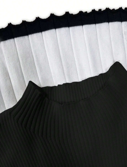 Vestido de jersey ondulado de manga larga de punto de cuello alto de rayas negras y blancas para mujer-Aegean-sea