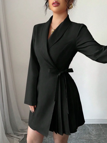 Black Wrap Waist Blazer Dress with Long Sleeves