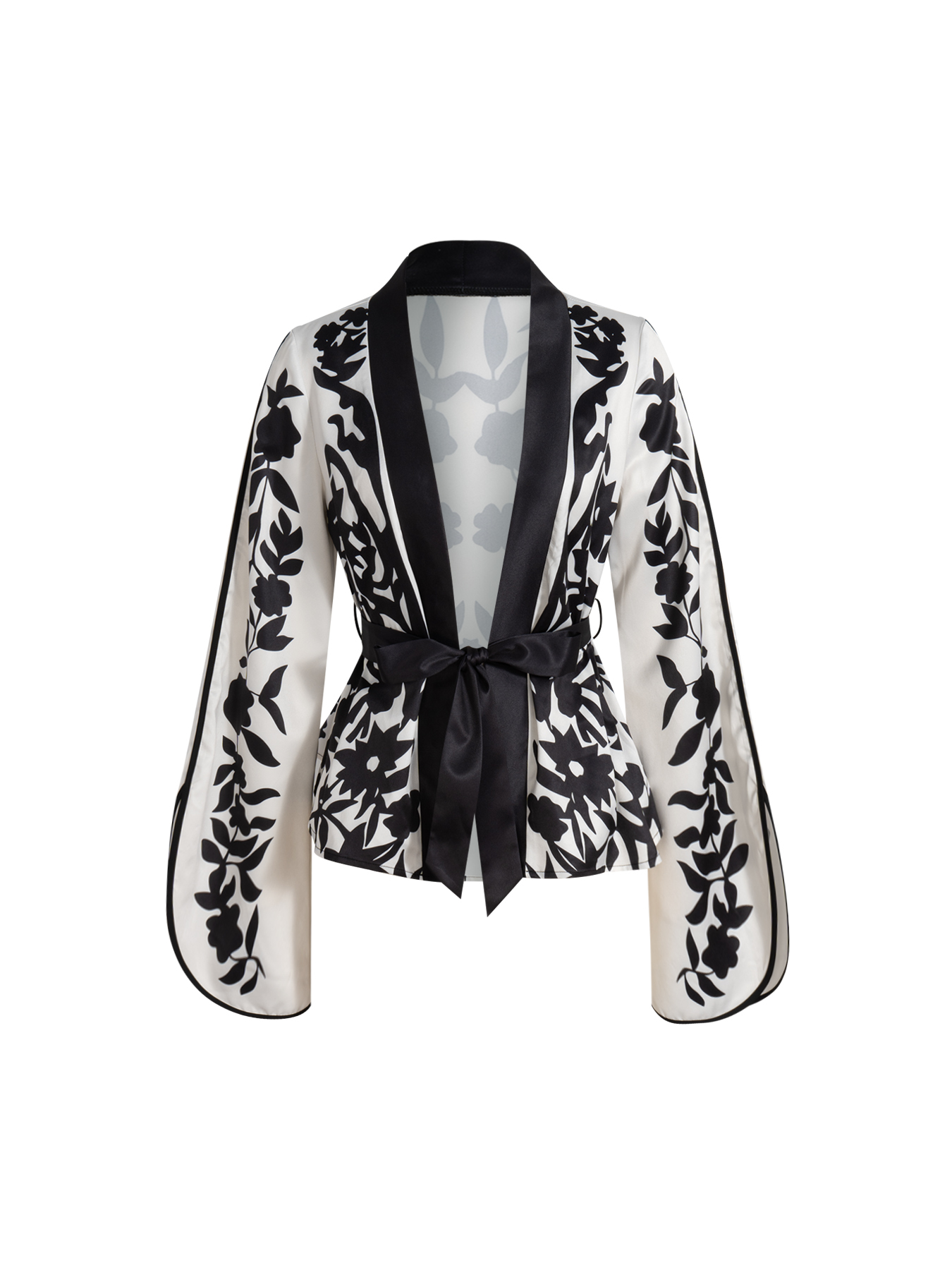 Women's Black and White Floral Print Belted Kimono-Style Blouse-Aegean-sea