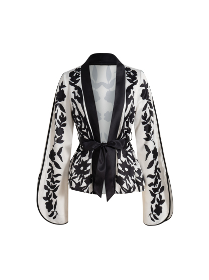 Women's Black and White Floral Print Belted Kimono-Style Blouse-Aegean-sea