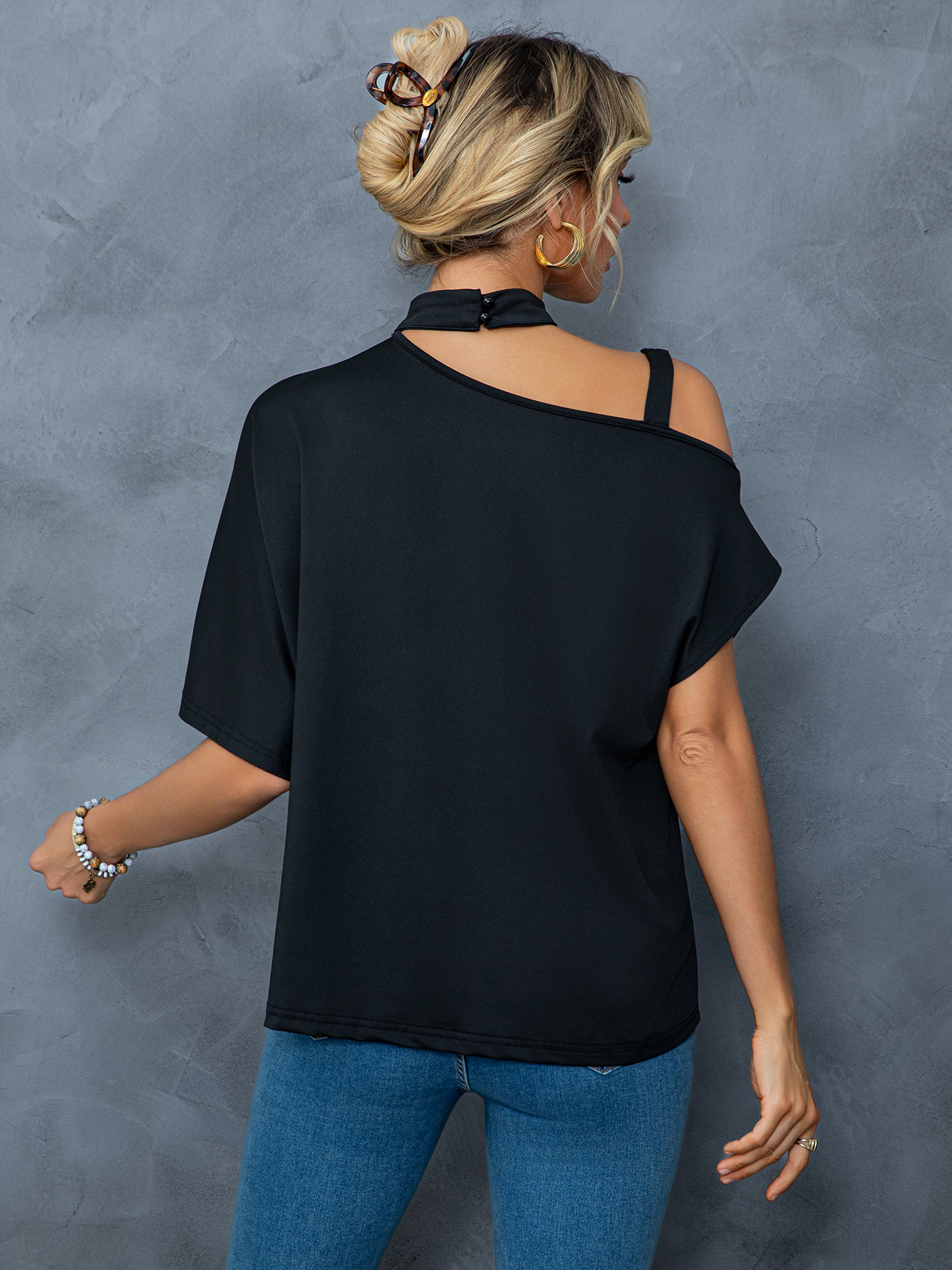 Women's Black One - Shoulder Top with Colorful Face Print-Aegean-sea