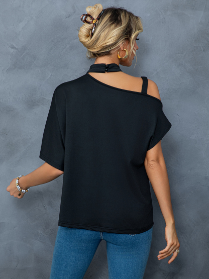 Women's Black One - Shoulder Top with Colorful Face Print-Aegean-sea