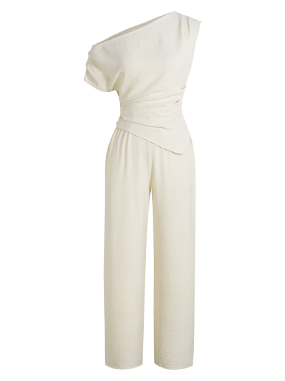 Women's One Shoulder Wrap Top & High Waisted Wide Leg Pants Two-Piece Set