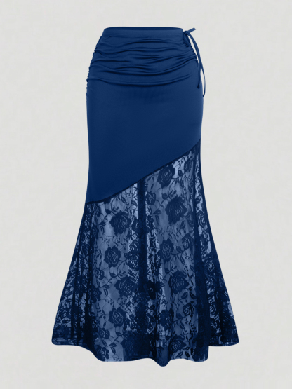 Falda midi de sirena para mujer con panel de encaje y corbata lateral con volantes Traje de noche elegante-Aegean-sea