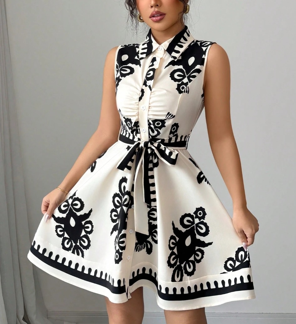 Woman's Vintage Vacation Style Black & White Print Dress: Sleeveless Shirt Collar Waist-Fitted Tie-Waist Mini Dress