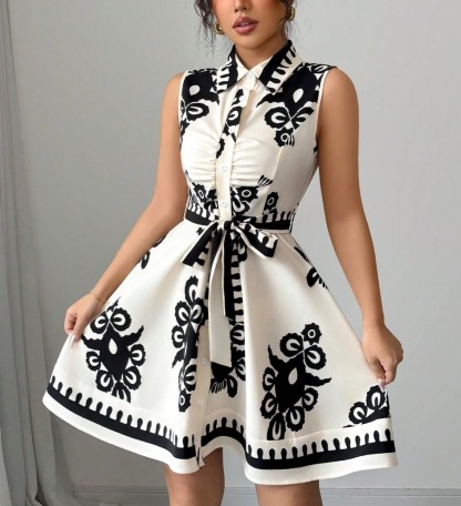 Woman's Vintage Vacation Style Black & White Print Dress: Sleeveless Shirt Collar Waist-Fitted Tie-Waist Mini Dress