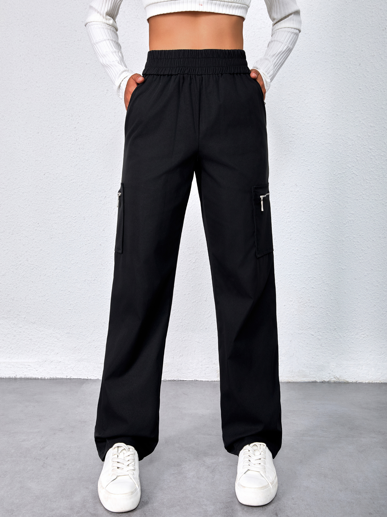 Woman's High Waist Elasticated Cargo Pants with Zipper Pockets-Aegean-sea