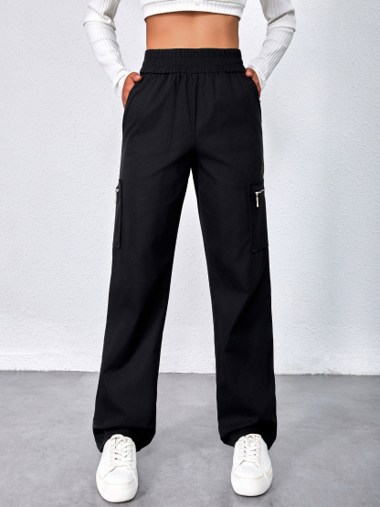 Woman's High Waist Elasticated Cargo Pants with Zipper Pockets-Aegean-sea