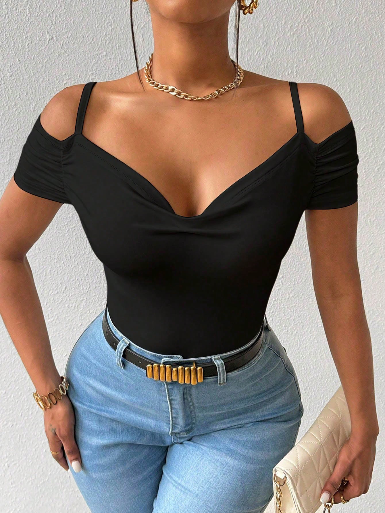 Woman's Off-Shoulder Spaghetti Strap Ruched Short Sleeve Bodysuit-Aegean-sea