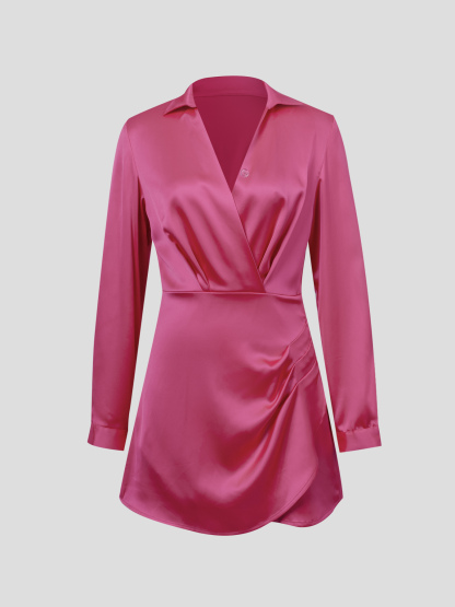 Pink satin V-neck blouse skirt, office-style hip wrap skirt