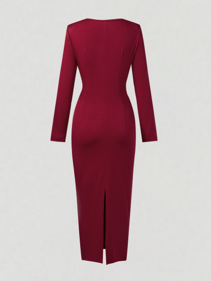 Woman's Burgundy Long-Sleeve Ruched Waist Midi Sheath Dress-Aegean-sea