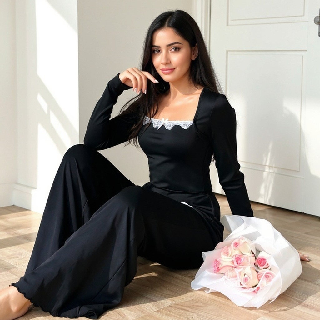 Woman's Black Lace Embellished Long-Sleeve Loose Wide-Leg Pants Comfortable Loungewear Two-Piece-Aegean-sea