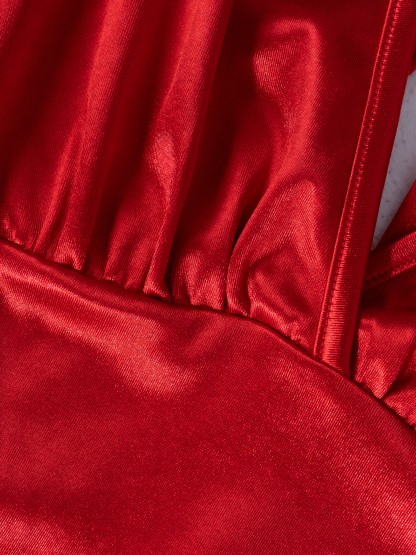 Women's Red Satin Deep V-Neck Bell Sleeve Crop Top-Aegean-sea