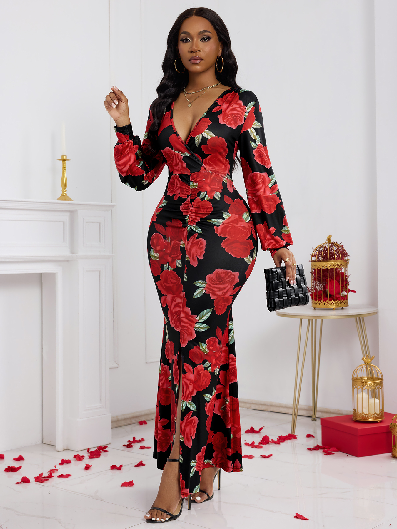 Vestido Maxi de manga larga con estampado de rosas rojas y cuello en V para mujer-Aegean-sea