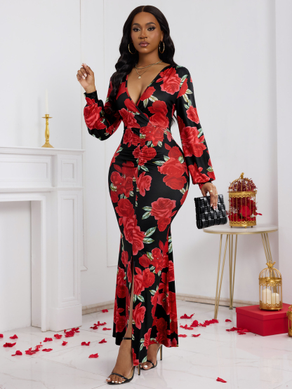 Vestido Maxi de manga larga con estampado de rosas rojas y cuello en V para mujer-Aegean-sea