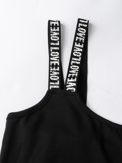 Black Sexy Tank Top with Lettered Straps-Aegean-sea