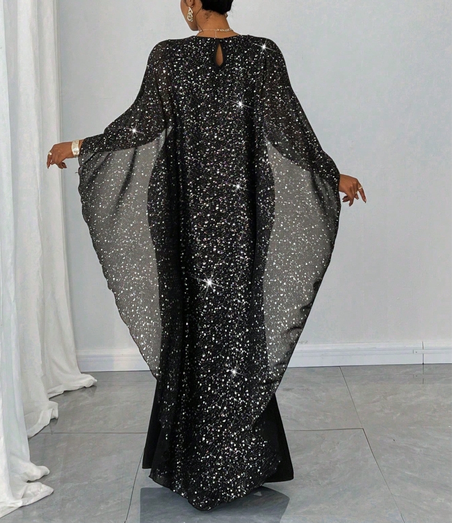 Women's Plus Size Sequin Cape-Sleeve Mermaid Maxi Dress-Aegean-sea