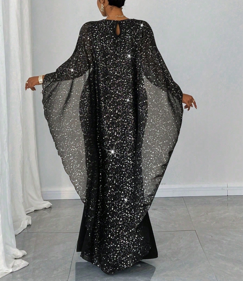 Women's Plus Size Sequin Cape-Sleeve Mermaid Maxi Dress-Aegean-sea