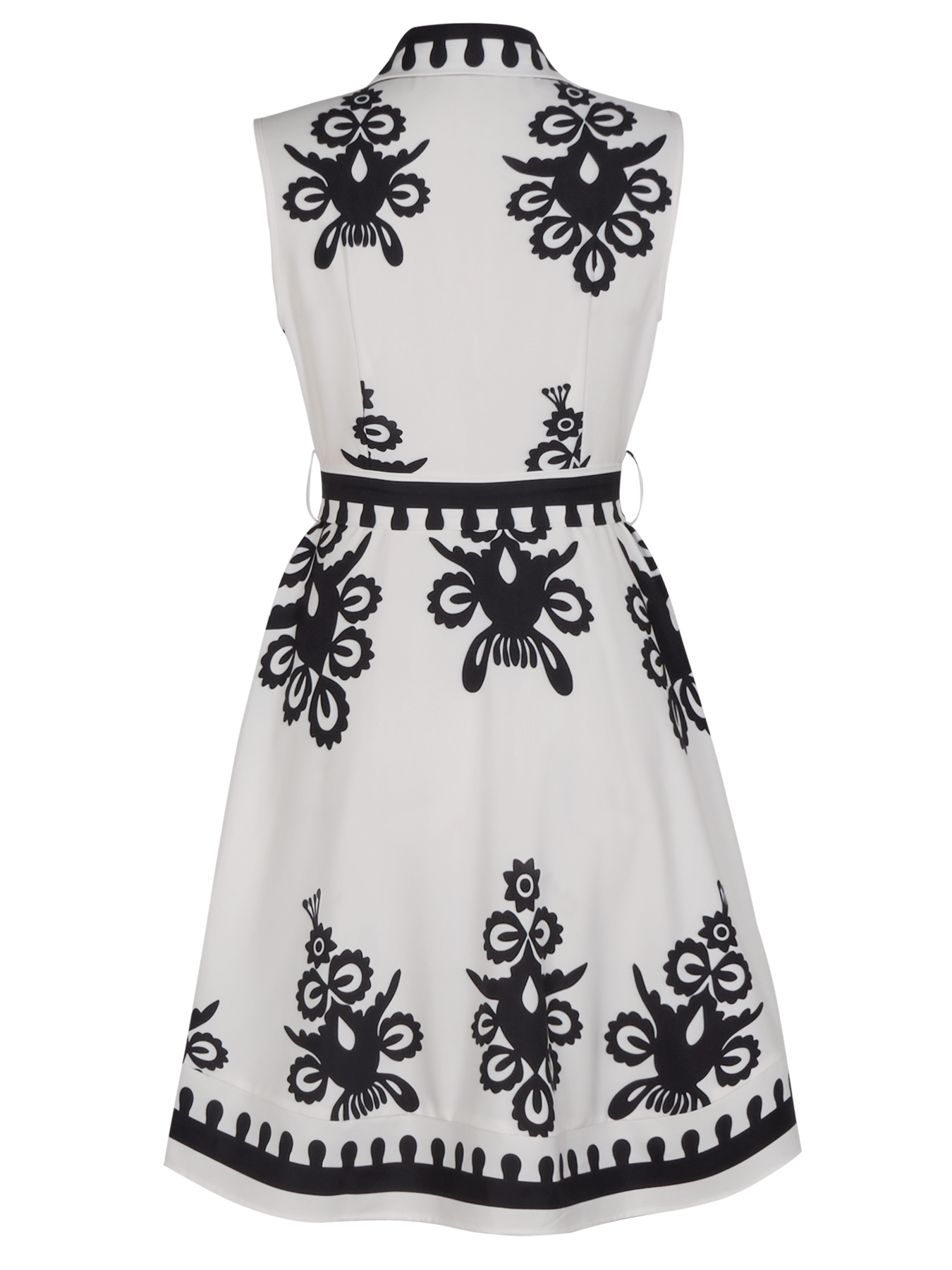 Woman's Vintage Vacation Style Black & White Print Dress: Sleeveless Shirt Collar Waist-Fitted Tie-Waist Mini Dress
