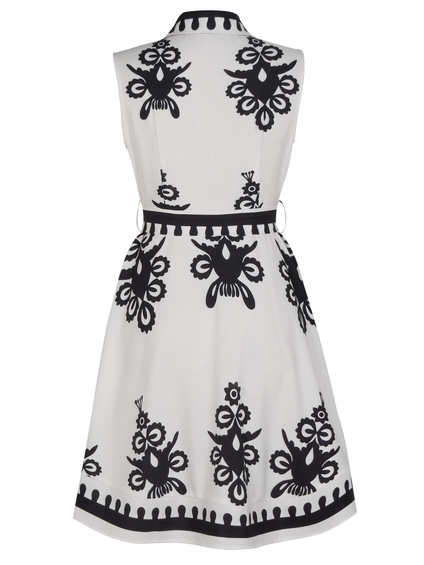 Woman's Vintage Vacation Style Black & White Print Dress: Sleeveless Shirt Collar Waist-Fitted Tie-Waist Mini Dress