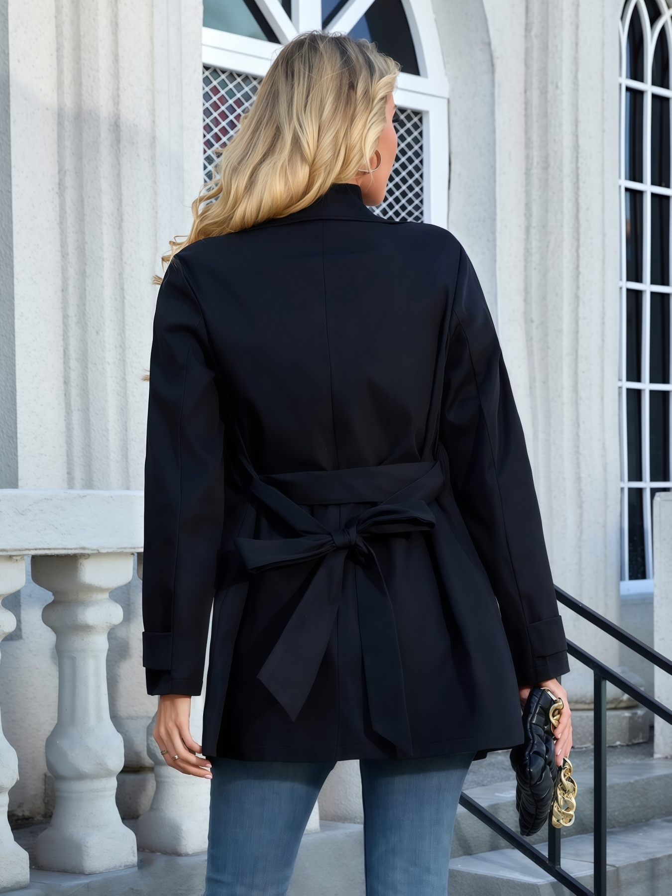 Woman's Black Double-Breasted Belted Trench Coat | Mid-Length Notch Lapel Office Vintage Jacket