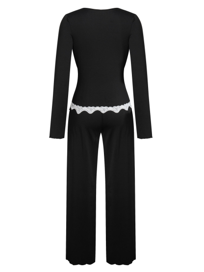 Woman's Black Lace Embellished Long-Sleeve Loose Wide-Leg Pants Comfortable Loungewear Two-Piece-Aegean-sea