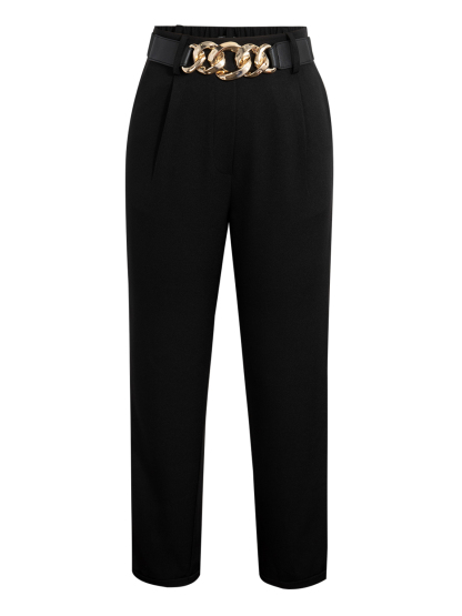 Women's Black High-Waisted Tapered Trousers with Chain Belt-Aegean-sea