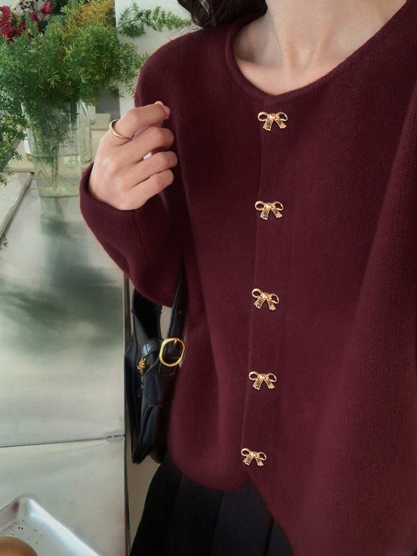 Cardigan de cuello redondo con botón abotonado cortado para mujer-Aegean-sea