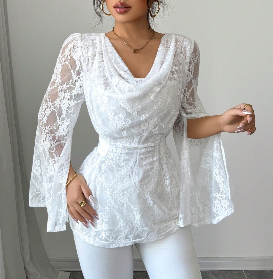 White lace flared-sleeve women‘s top Stacked collared waist-through shirt