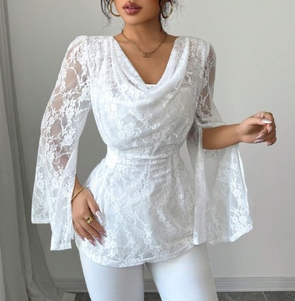 White lace flared-sleeve women‘s top Stacked collared waist-through shirt