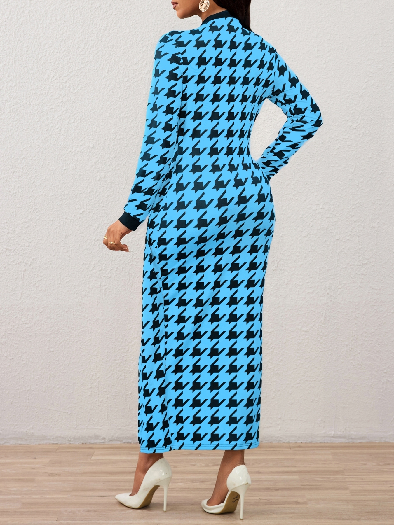 Vestido de cárdigan largo fino de diente de perro para mujeres-Aegean-sea