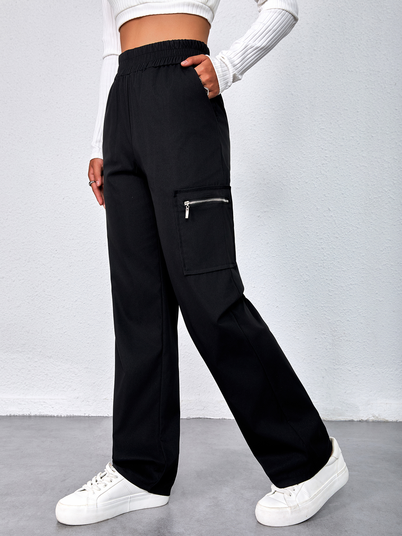 Woman's High Waist Elasticated Cargo Pants with Zipper Pockets-Aegean-sea