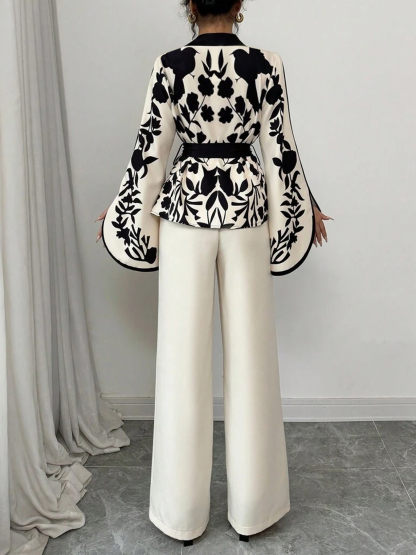 Women's Black and White Floral Print Belted Kimono-Style Blouse-Aegean-sea