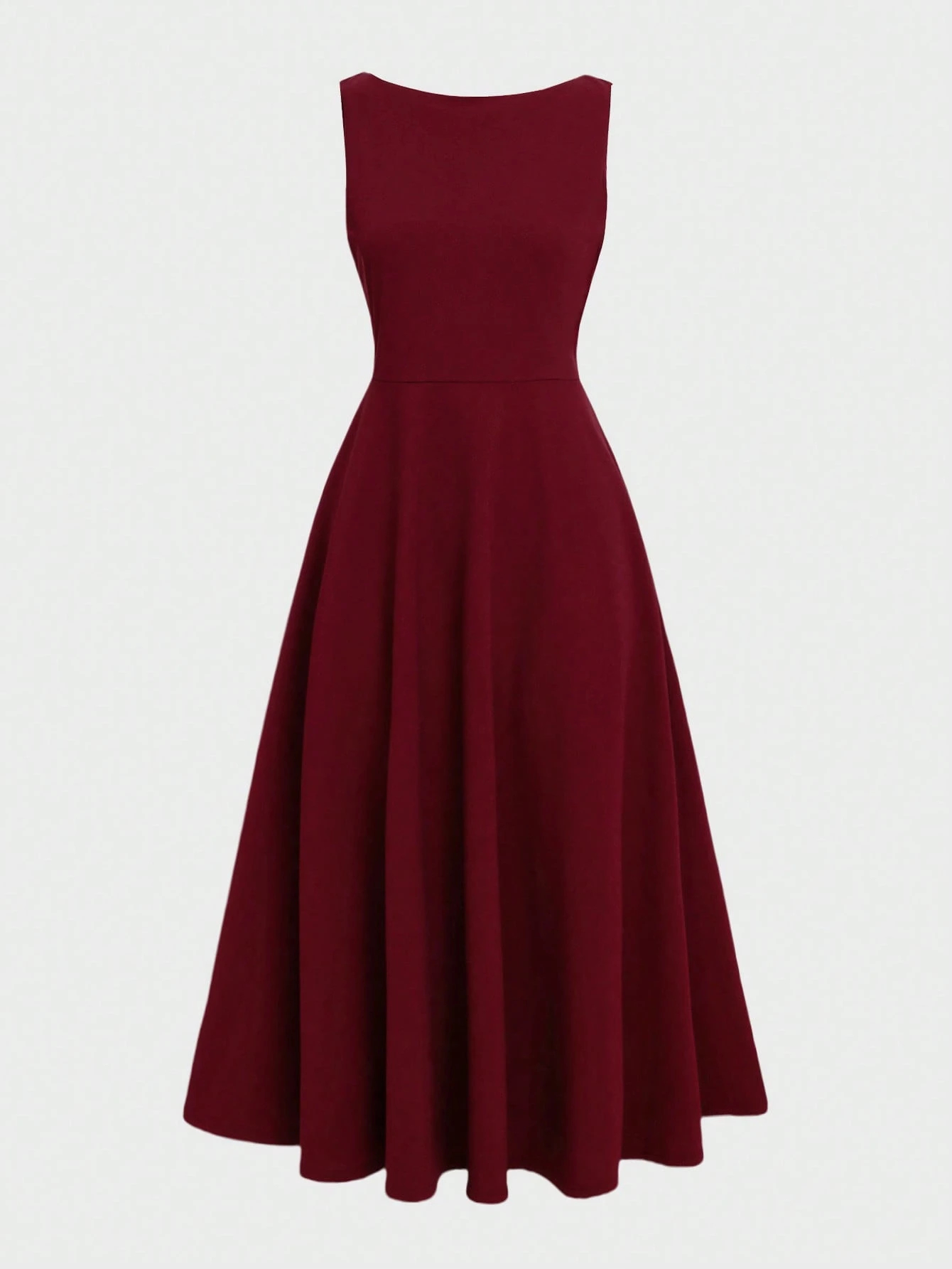 Wine-red boat-collared sleeveless mid-length skirt with flowing waist, a high-end banquet-style dress