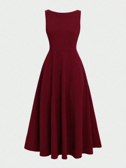 Wine-red boat-collared sleeveless mid-length skirt with flowing waist, a high-end banquet-style dress
