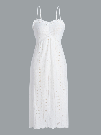 White Eyelet Embroidery Ruffle Camisole Dress & Loose Long Sleeve Cardigan Loungewear Set