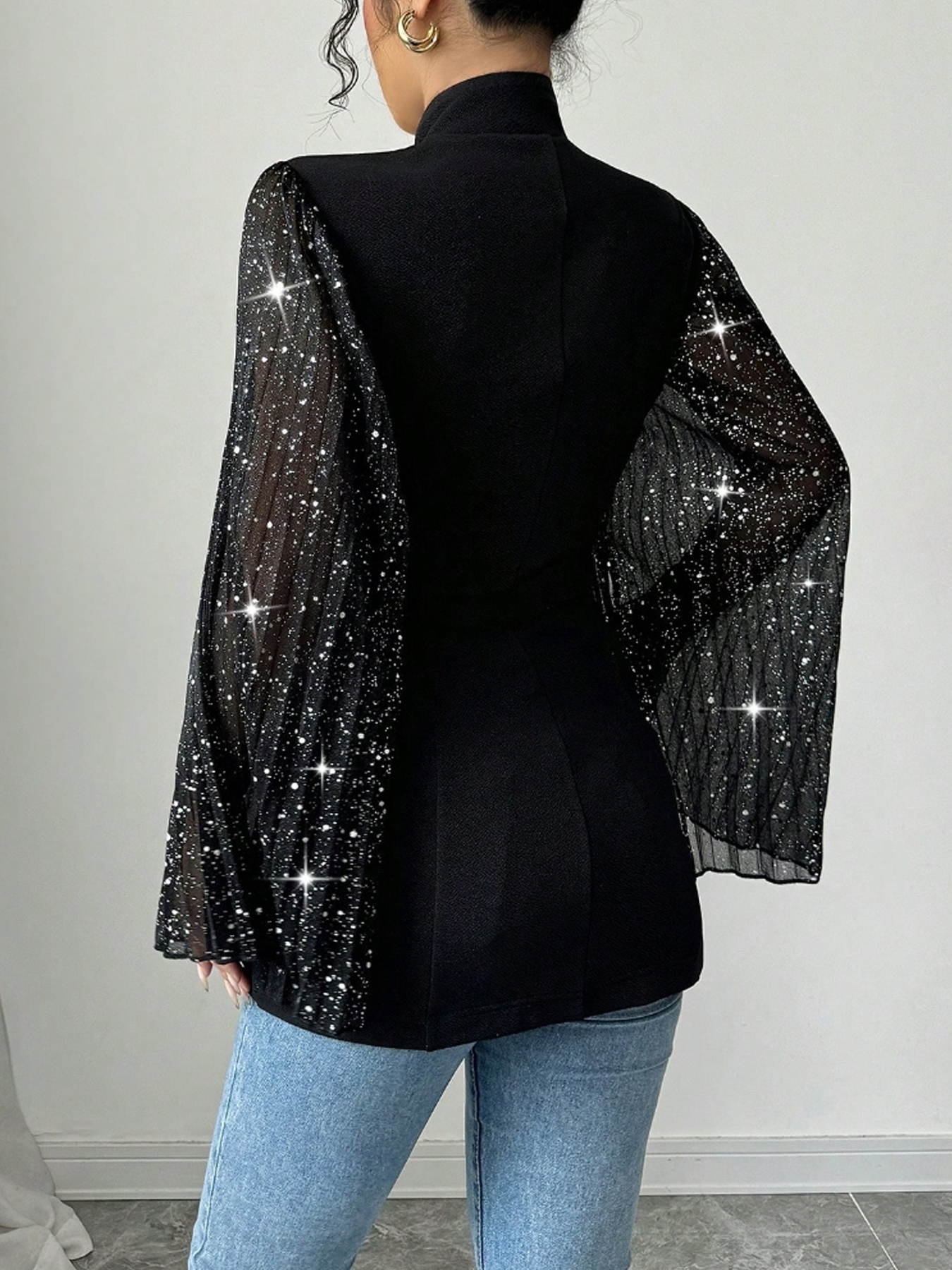 Black Blazer with Glitter Flared Sleeves-Aegean-sea