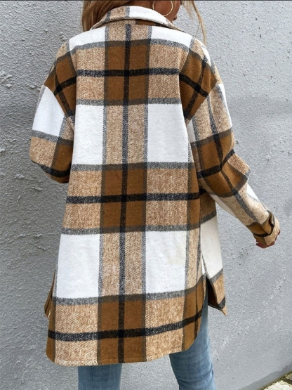 Camisa de manga larga abotonada a cuadros marrones y blancos-Aegean-sea