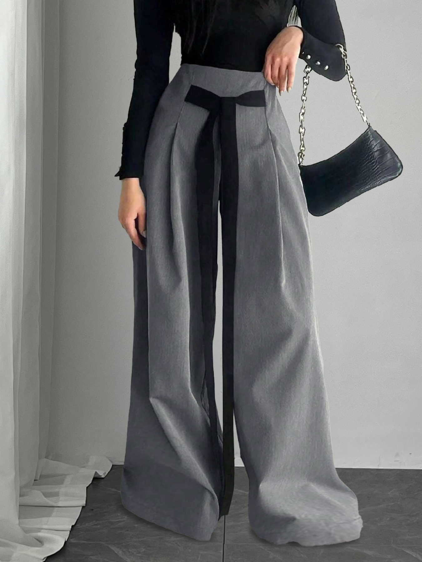Woman's Gray Wide-Leg Pants with Black Sash Detail-Aegean-sea