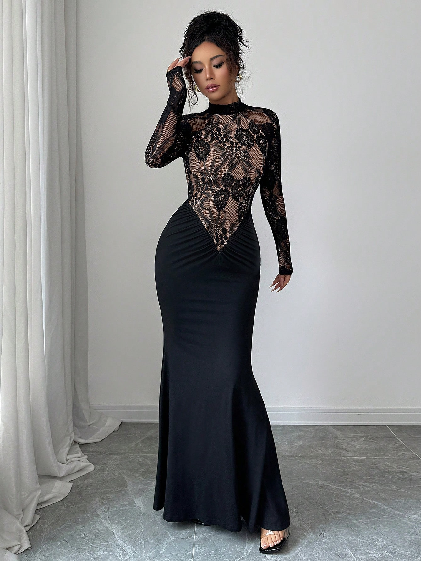 Woman's Black Mock Neck Sheer Lace Long Sleeve Ruched Mermaid Dress
