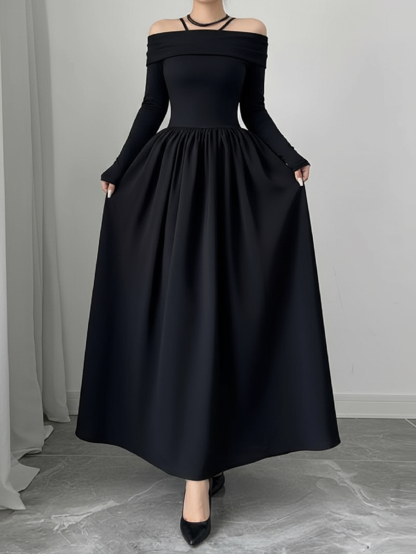 Woman's Black Off-the-Shoulder Long-Sleeve Maxi Dress with Full Skirt-Aegean-sea
