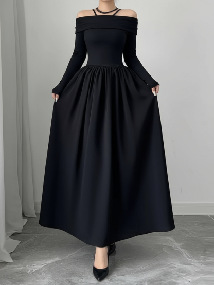 Woman's Black Off-the-Shoulder Long-Sleeve Maxi Dress with Full Skirt-Aegean-sea