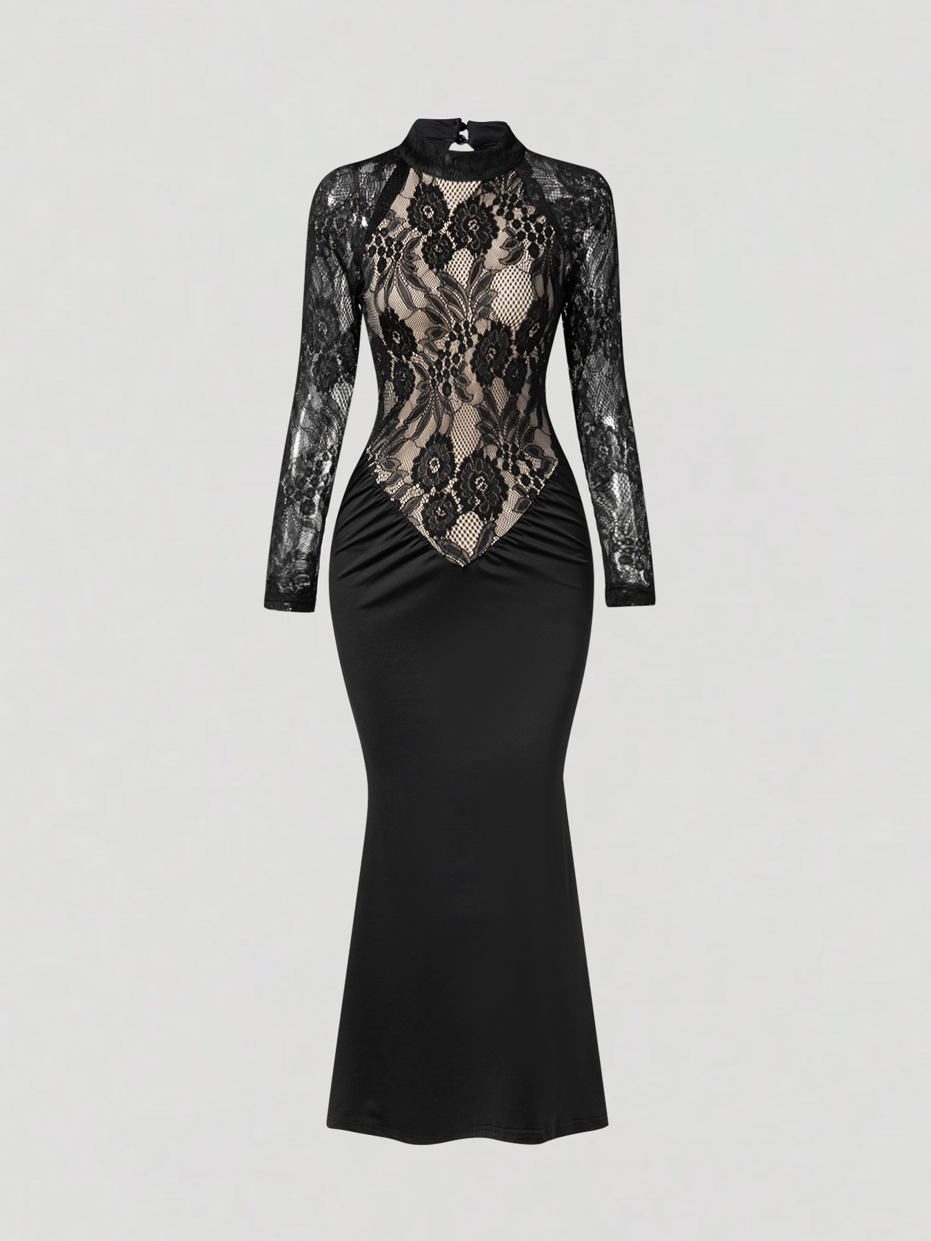 Woman's Black Mock Neck Sheer Lace Long Sleeve Ruched Mermaid Dress