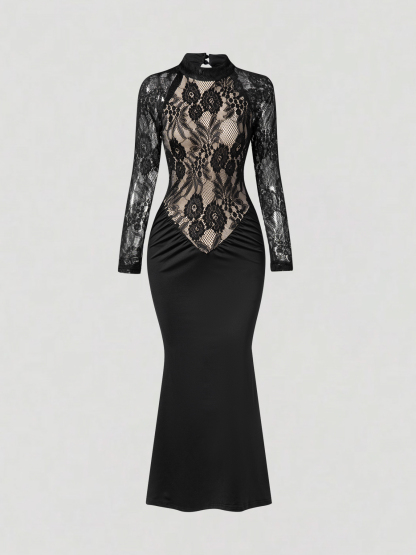 Woman's Black Mock Neck Sheer Lace Long Sleeve Ruched Mermaid Dress