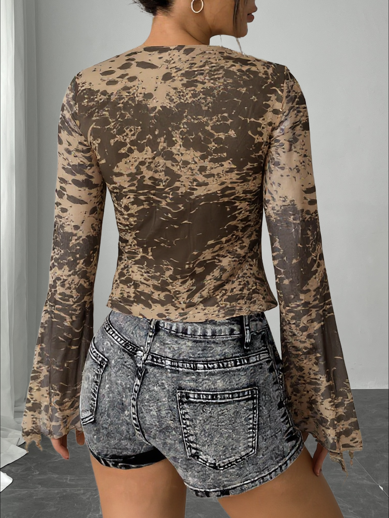 Tie Front Sheer Print Blouse - Square Neck Bell Sleeve Slim Fit Women's Top-Aegean-sea