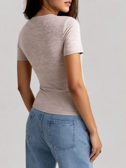 Women's Light Gray Crew Neck Short Sleeve Fitted Crop Top-Aegean-sea