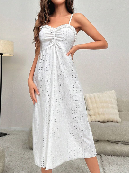 White Eyelet Embroidery Ruffle Camisole Dress & Loose Long Sleeve Cardigan Loungewear Set