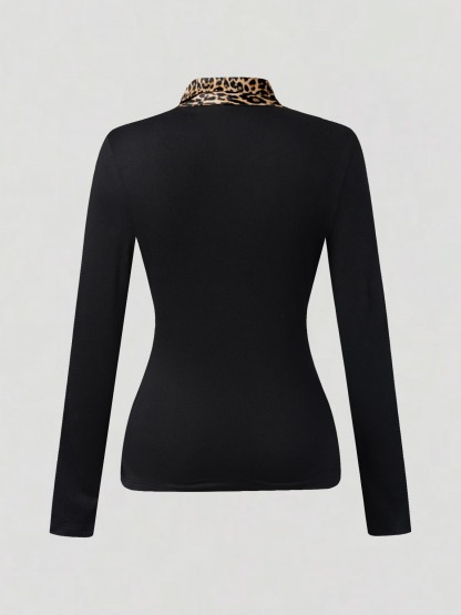 Leopard Accent Collar & Tie Black Fitted Top-Aegean-sea