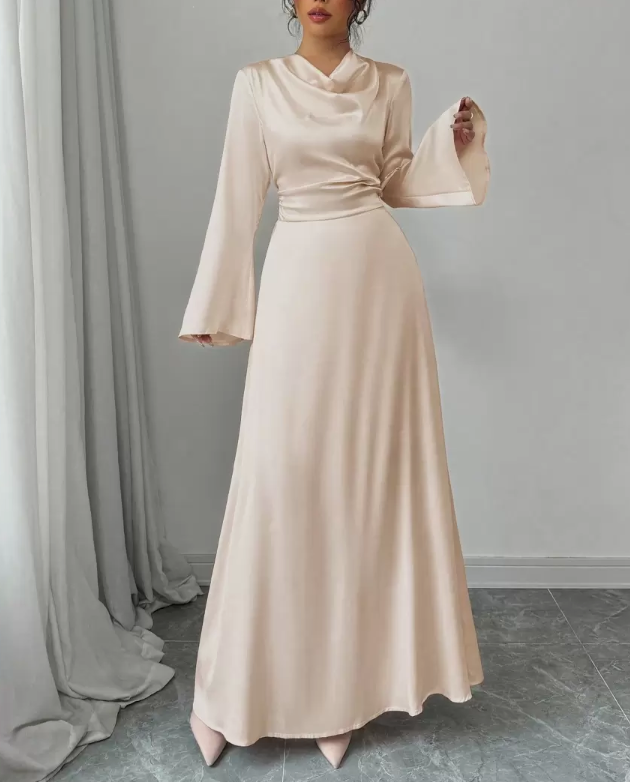 Light Beige Satin Cowl Neck Maxi Dress with Bell Sleeves and Drawstring Waist-Aegean-sea