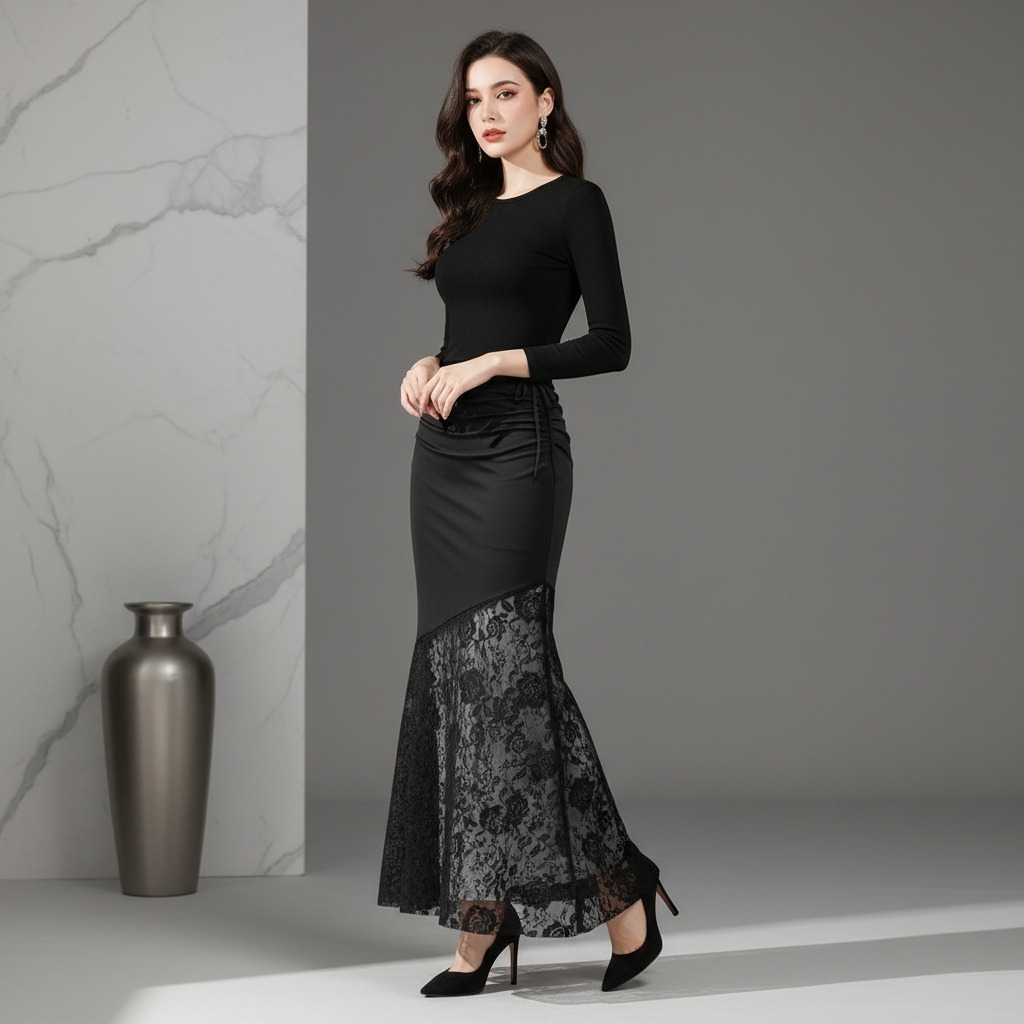 Falda midi de sirena para mujer con panel de encaje y corbata lateral con volantes Traje de noche elegante-Aegean-sea